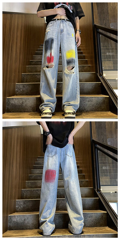Jeans de perna larga lavável para homens, calça jeans casual, calça larga reta, lavável hip hop, moda de rua, azul vintage, L91