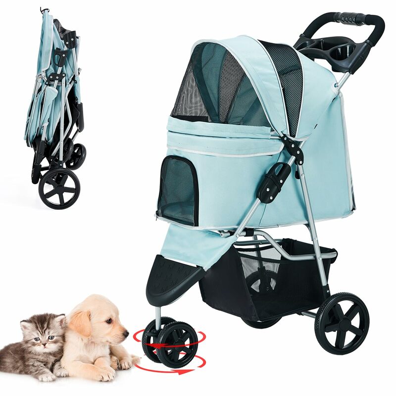 Luz azul canino Cruiser Pet Stroller, 3-Wheel Jogger, Gaiola, Cesta, Folding, Cão médio e pequeno