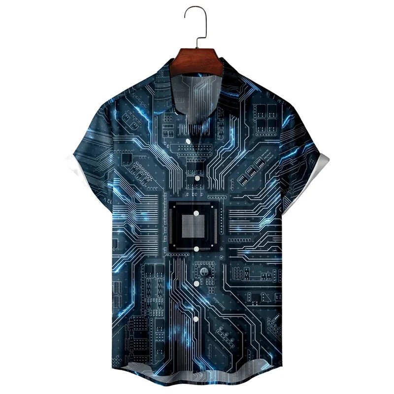 남성용 전자 칩 3D 프린트 셔츠, 미니멀리스트 레트로 셔츠, 엔지니어 단추 맞춤형, 여름 캐주얼