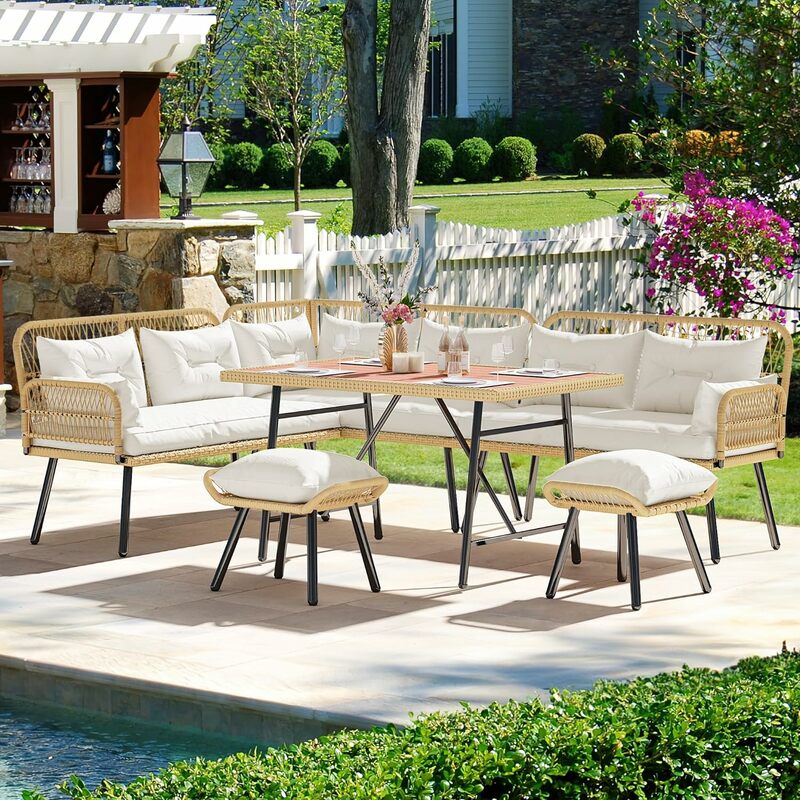 Patio Wicker L-Shaped Furniture Set, All-Weather Rattan Outdoor Conversation Sofa Set for Backyard Deck with Soft Cushions
