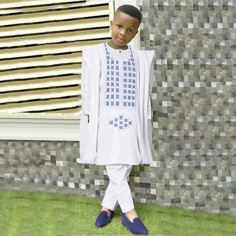H&D 2022 African Tradition Clothes For Kids Boys Black Blue Long Sleeve Tops Embroidery Dashiki Robe Shirt Pant Child Set 3 PCS