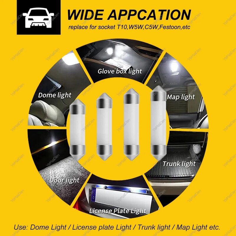 자동차 인테리어 독서등, 트렁크 번호판 램프, 흰색 LED 전구, C5W 꽃줄, 31mm, 36mm, 39mm, 41mm, C10W COB, 12V, 6500K, 1/4/10 개