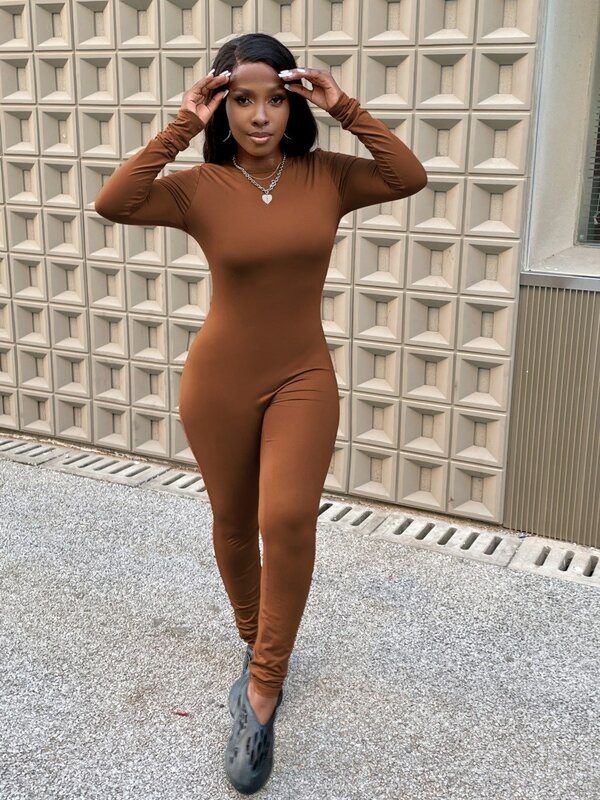 LW Jumpsuit  Women Round Neck Skinny Basic Solid Sheath Body-shaping Casual Stretchy Simple Bodysuits Long Sleeve Rompers
