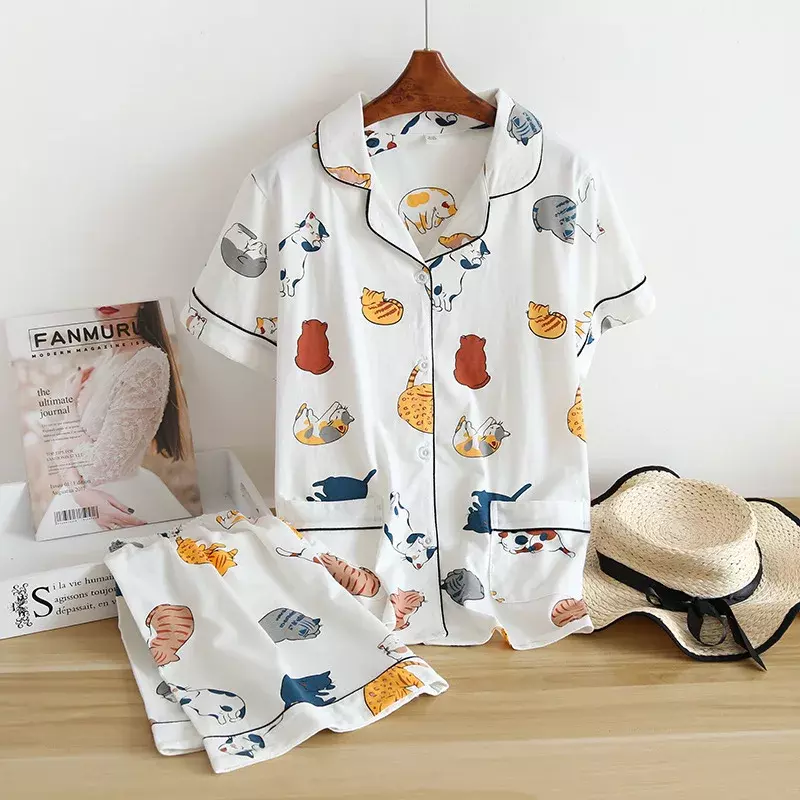 Nowe 100% bawełniane spodenki z krótkim rękawem damskie piżamy zestaw cute cartoon piżamy japońska prosta krótka piżama damska bielizna nocna