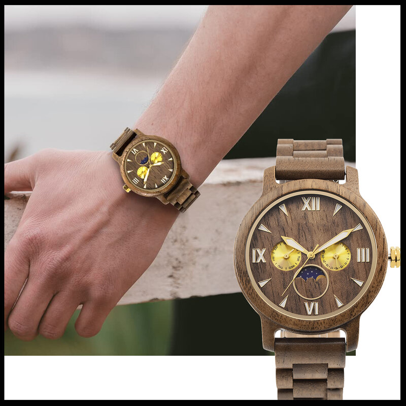 Męskie drewniane zegarki kwarcowe okrągłe wyświetlanie daty ręcznie robione drewniane pasek lekki zegarek, bransoletka