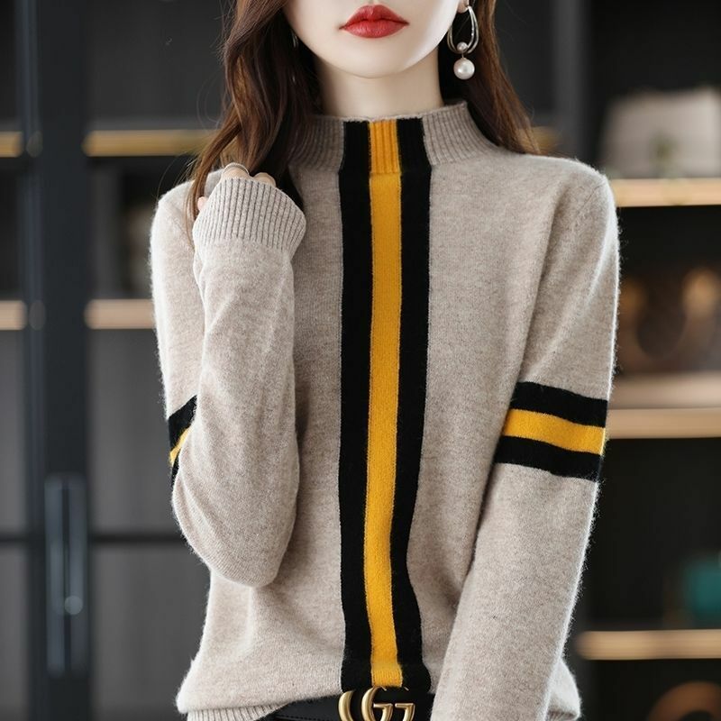 Женская одежда, пуловеры с длинным рукавом и цветными блокировками, свитеры, вязаный джемпер в стиле корейского ретро с полувысоким воротником, пэчворк, Осень-зима