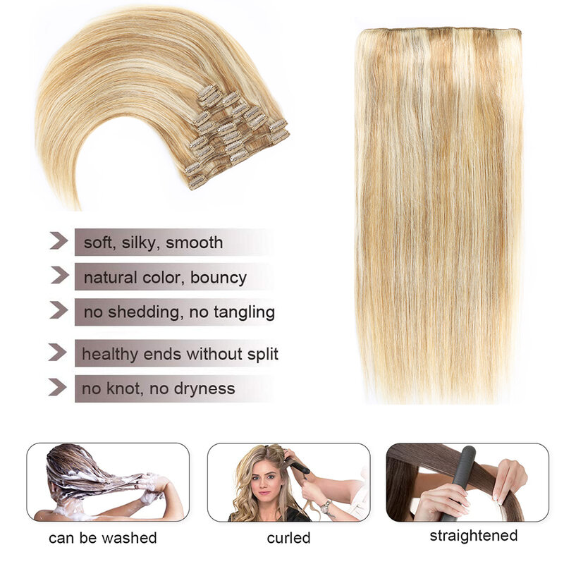 Straight Clip in Hair Extensions Human Hair Double Weft Full Head Hair Extensions 8pcs 18 Clips Hair 16"-24"For Women #12P613