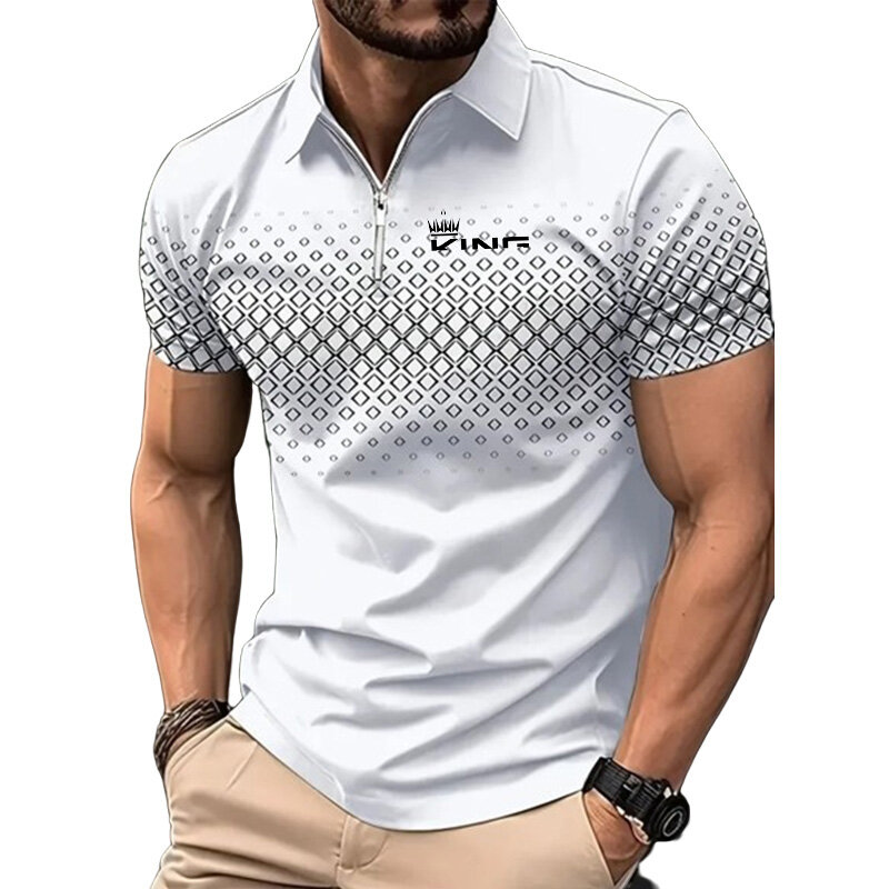 Camisa masculina de manga curta, camiseta estampada, camisa polo com zíper, tops casuais, roupas de verão