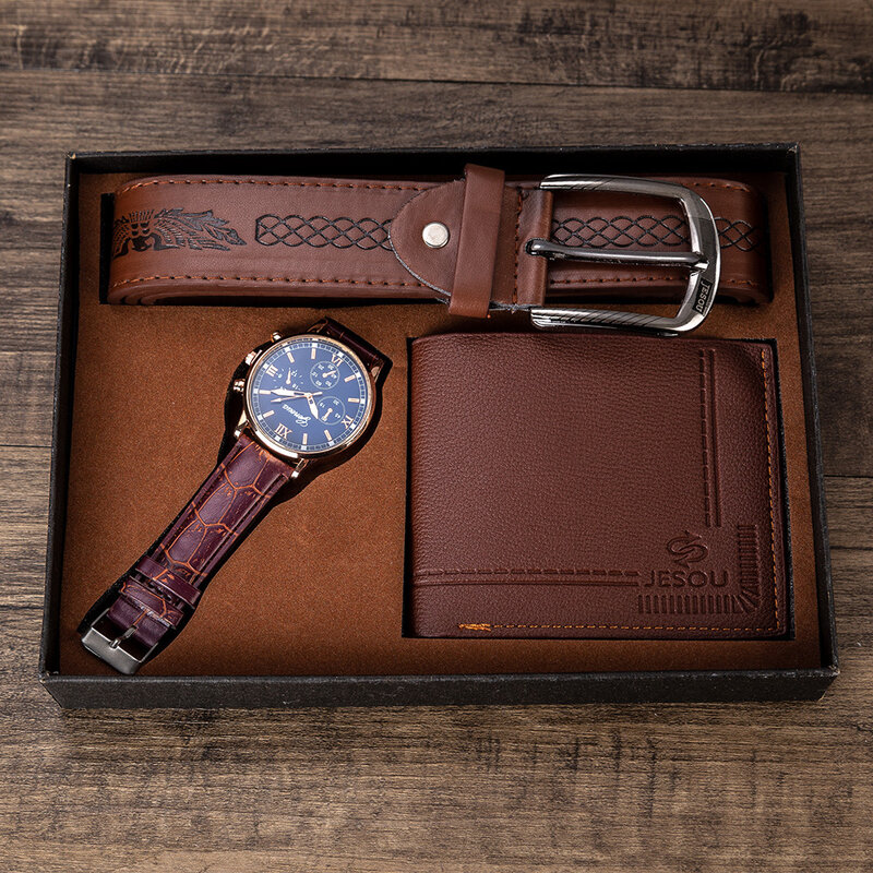 Conjunto de 3 piezas para hombre, reloj de cuarzo Vintage de lujo, cinturón de cuero marrón, conjunto de billetera, regalo para novio y papá, envío directo