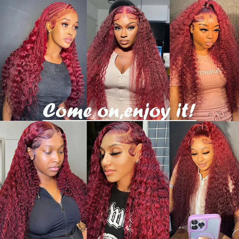 99j Burgundy Deep Wave Lace Frontal Wig 13x6 Hd Transparent Curly Lace Front Wigs For Women Colored Water Wave Human Hair Wigs