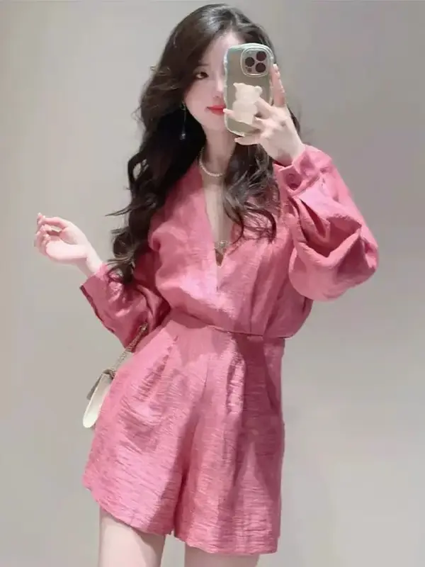 Women Playsuits Solid Color V-Neck Long Sleeve High Waist Casual Female Romper
