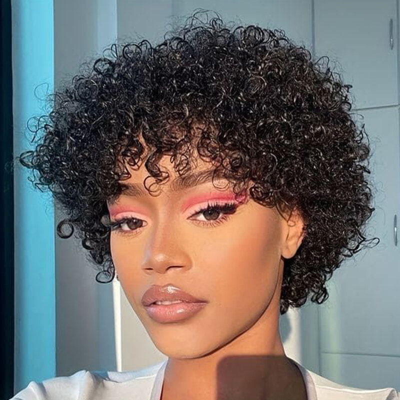 Sleek Short Afro Curly Bob Human Hair Wigs With Bangs For Women Brazilian Remy Hair Wear and Go Natural Color Kinky Curly Wigs