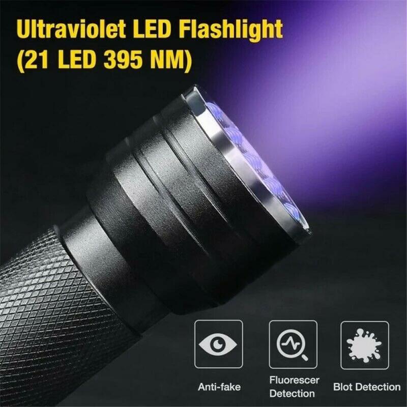 Torcia UV portatile 395nm 21LED luce nera Mini torcia ultravioletta lampada medica macchia di urina per animali domestici luce Uv per smalto per unghie