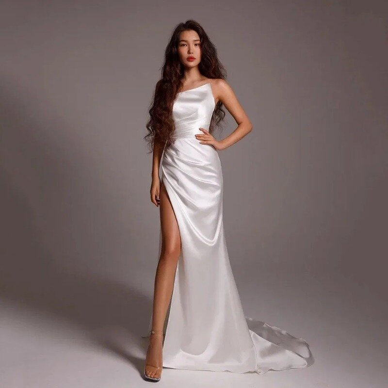 Wakuta-vestido De novia De satén con abertura lateral alta para mujer, traje De sirena sin mangas, Bodycon Simple, 2024