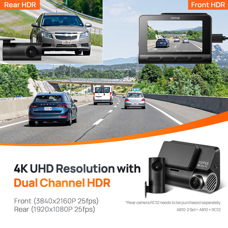 70mai-Dash Cam com GPS embutido, DVR de carro de movimento de estacionamento, UHD 4K, rastreamento de rota de canal duplo, ADAS, 24H, A810, A810, 150FOV