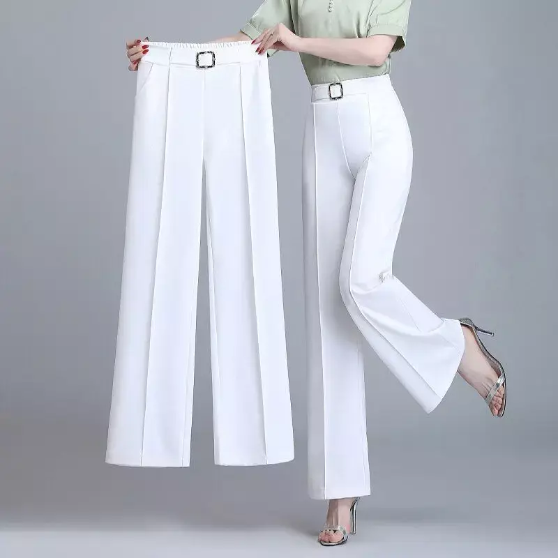 Modny pasek biurowa, damska luźne proste spodnie garniturowe kobiety wiosna lato wysokiej talii kieszenie Business Casual spodnie z szerokimi nogawkami