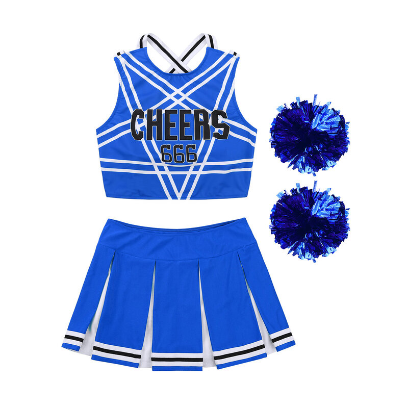 Womens Printed Cheerleading Uniform Sleeveless Strappy Back Crop Top with Mini Pleated Skirt And 2Pcs Flower Balls Outfits
