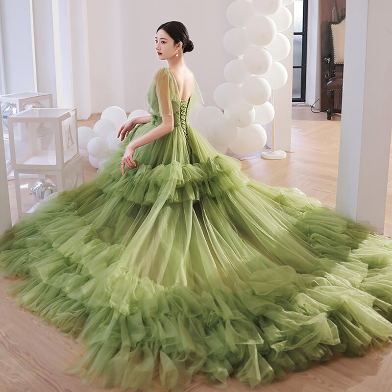 Custom Made  Green A Line Tiered Tulle Princess Maternity Photography Dress 3D Rosy Flowers Ruched Mesh Lace Up Evening Gowns