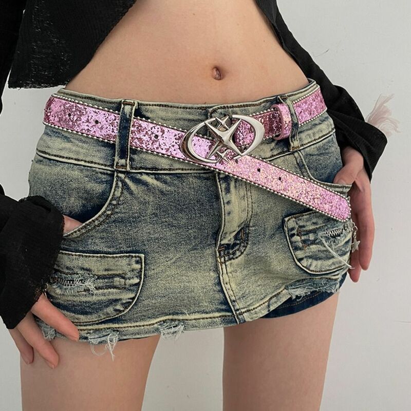 Regulowany pasek z cekinami wszechstronny milenialski pasek damski gorąca dziewczyna styl jeansowy ozdobny pas