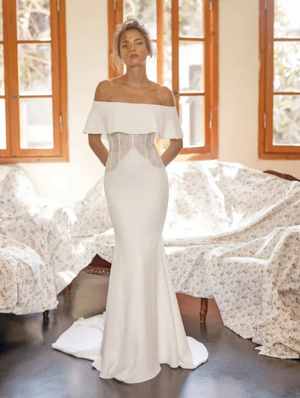 Fall In Love Boat Neck New Wedding Dress For Women Lace Appliques Bridal Gown Floor-Length Mermaid Satin Vestidos De Novia 2024