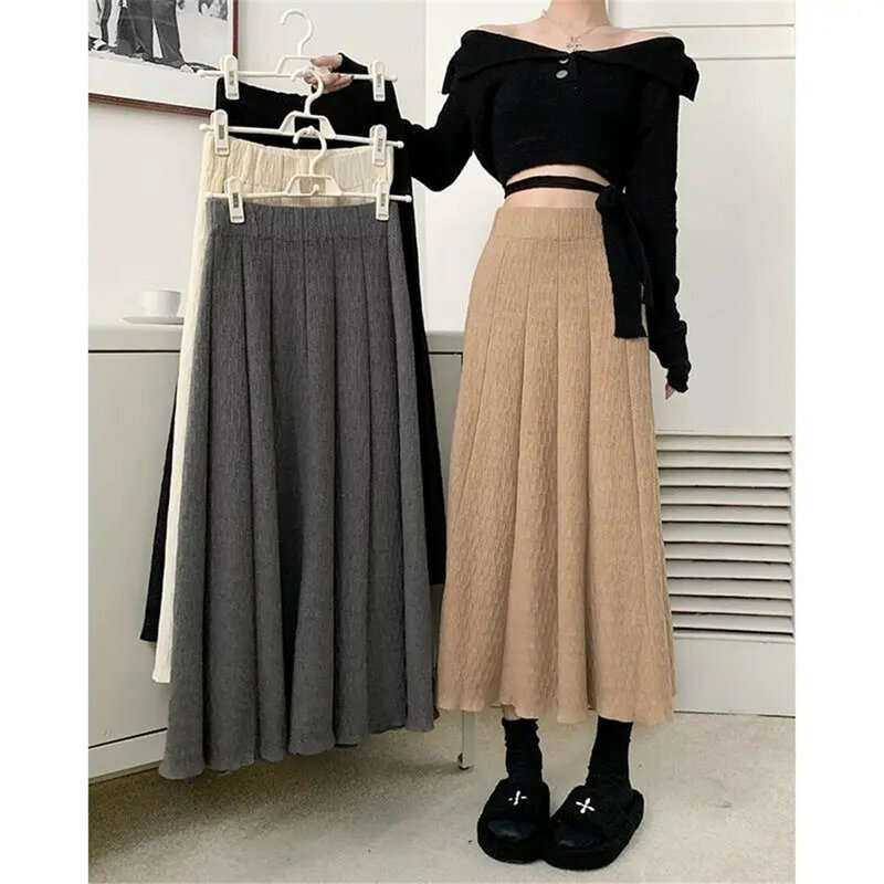 Плиссированная длинная юбка Y2k серого цвета, женская модная винтажная шикарная элегантная трапециевидная юбка на молнии с завышенной талией, уличная одежда, юбки