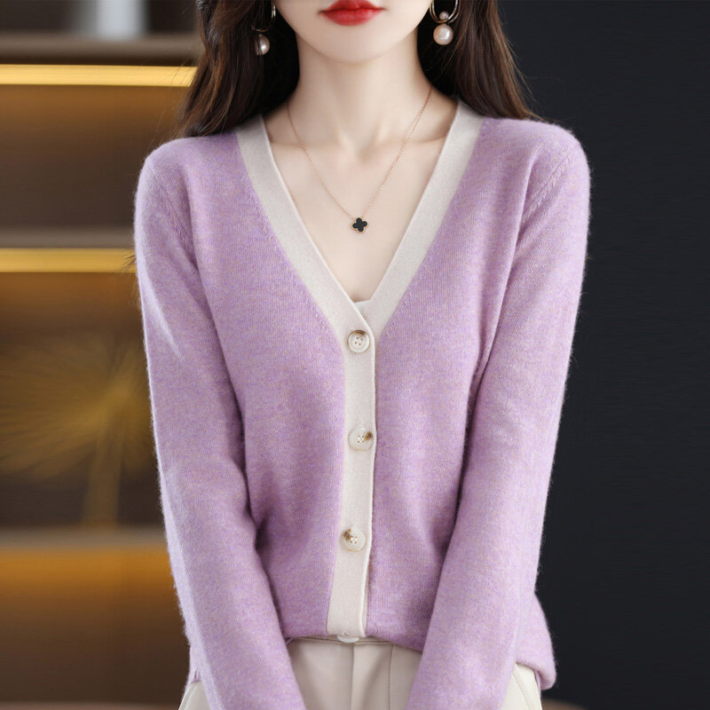 Cárdigan de lana pura para mujer, suéter con cuello en V, suelto, tejido de colores, abrigo pequeño de Cachemira de fondo, otoño e invierno, 100%