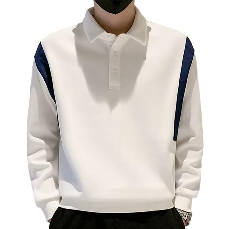 Männer fallen Frühling Top Knopf Revers Langarm lose Patchwork einfache Business-Stil mittellange Pullover Männer Sweatshirt