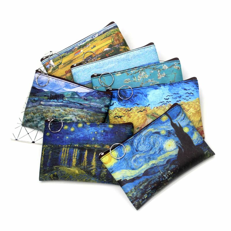 Vintage Oil Painting Canvas Cosmetic Bag Van Gogh Art Sunflower Star Moon Night Makeup Pouch Bag Travel Coin Purse Wallets Women