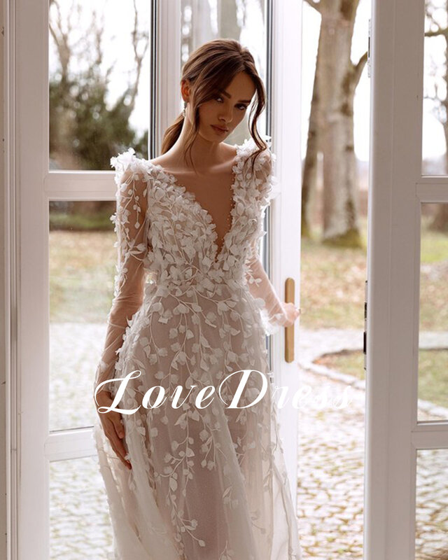 Облегающее свадебное платье LoveDress с глубоким V-образным вырезом и длинными рукавами, кружевное платье с разрезом в стиле бохо для невесты, платье А-силуэта с открытой спиной и шлейфом, женское платье