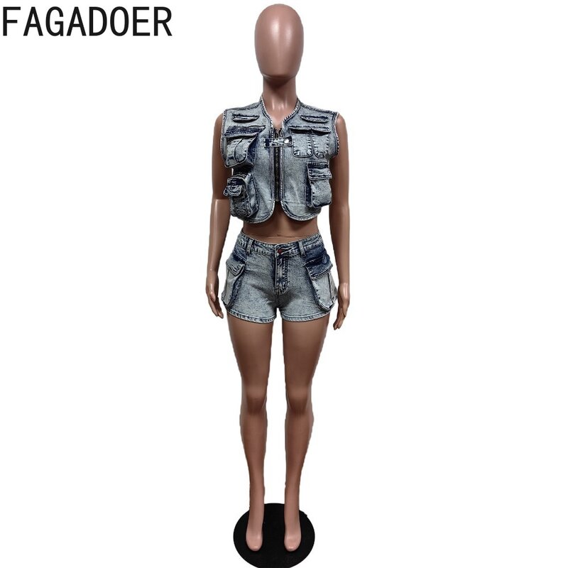 Fagadoer-デニムセット,ショートトップ,ジッパー付き,ノースリーブ,ポケット,カウボーイスタイル,ファッション,夏,新作