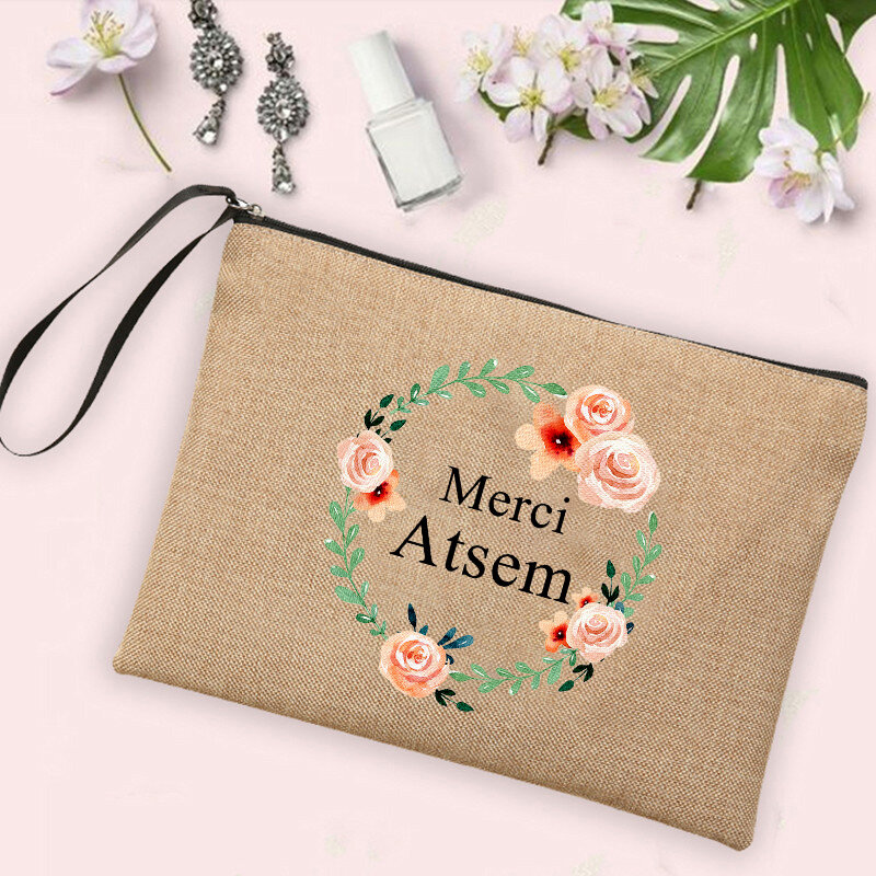 Merci Atsem French Print Cosmetic Bags Women Neceser Makeup Bag Linen Zipper Pouch Travel Organizer Case Pencil Bags Atsem Gifts