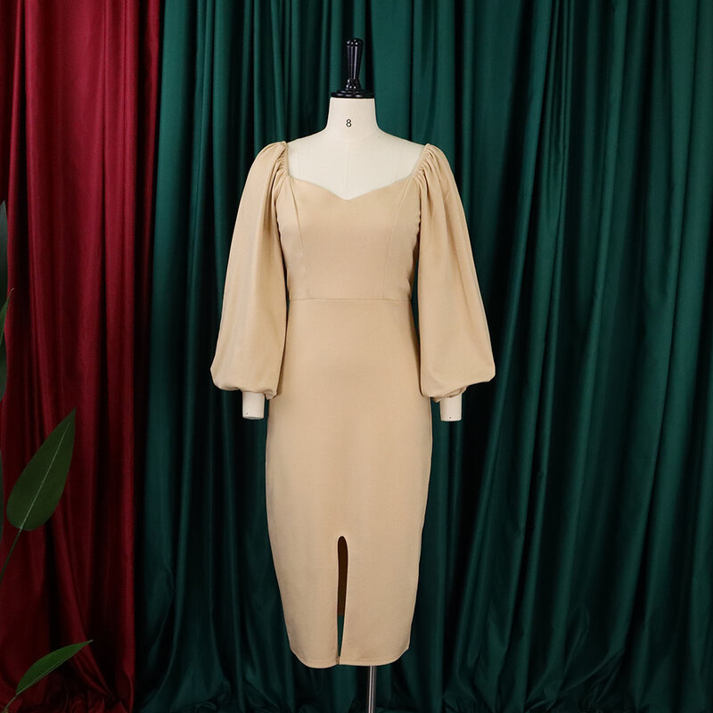 Jesienno-zimowa sukienka dla kobiet 2023 v dekolt z pełnym rękawem, solidna do połowy łydki, przednia elegancka z rozcięciem damska nocna impreza sukienka koktajlowa