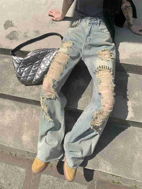 Женские джинсы с отверстиями для лета, свободные драпированные прямые брюки с высокой талией и широкими штанинами в стиле хип-хоп