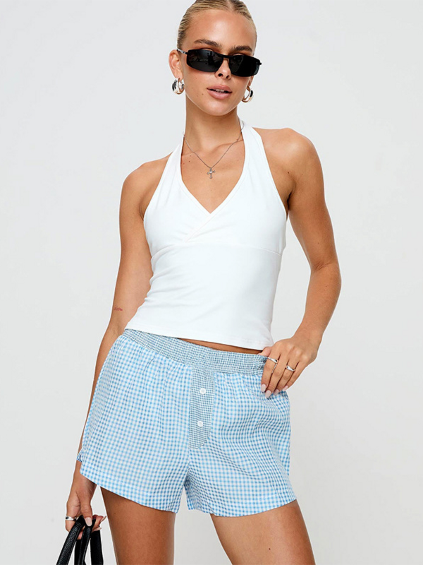 Absobe 여성용 격자 무늬 로우 라이즈 반바지, 스플라이스 버튼, 미국 캐주얼, 여름 탄성 허리, 다목적 반바지, 핫타이 스트리트웨어
