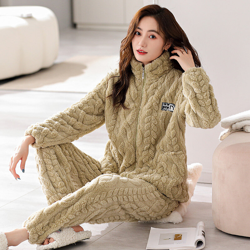 Conjunto de pijama de franela gruesa y cálida para mujer, ropa de dormir informal, Invierno
