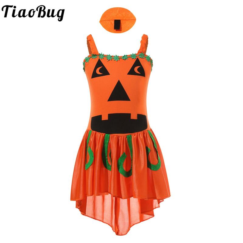 Kids Girls Halloween Pumpkin Witch Costume Theme Party Sorceress Cosplay Performance Sleeveless Specter Print Dress with Hairpin