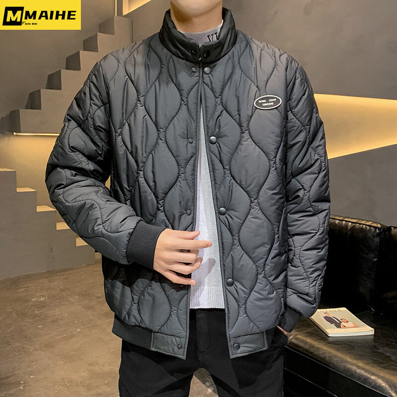 Harajuku Streetwear Baseball Collar Jacket Men's Winter Loose Rhombic Quilted Padded Coat Men's and Women's Fashion Warm Parkas