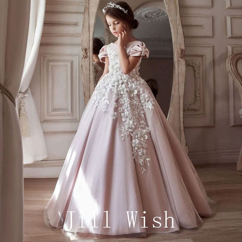 Jill Wish Luxury Elegant Pink Girl Dress Appliques Cape Beading Princess Gown Kids Wedding comunione Party quinceasenera 2024 J164