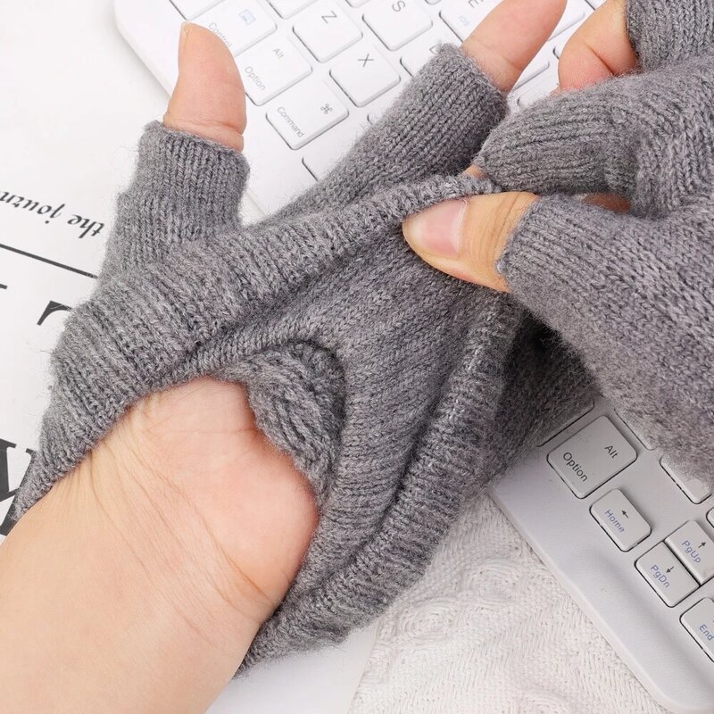 Writting Office Half Finger Gloves Men Women Winter Cashmere Knitted Thick Thermal Fingerless Gloves Solid Warm Driving Mittens