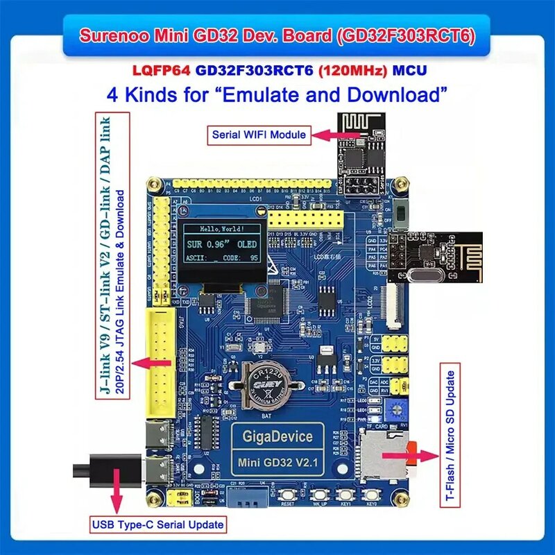 Surenoo Mini GD32 GD32F303RCT6 STM32F103RCT6 LQFP64 Development Board, 0.96" 12864 OLED, TF Extend Slot, Serial WIFI Module