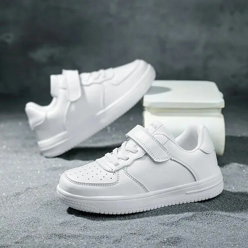 Children's White Shoes 2024 New Spring Leather Boys' White Sports Medium-sized Children's and Girls' Casual Shoes