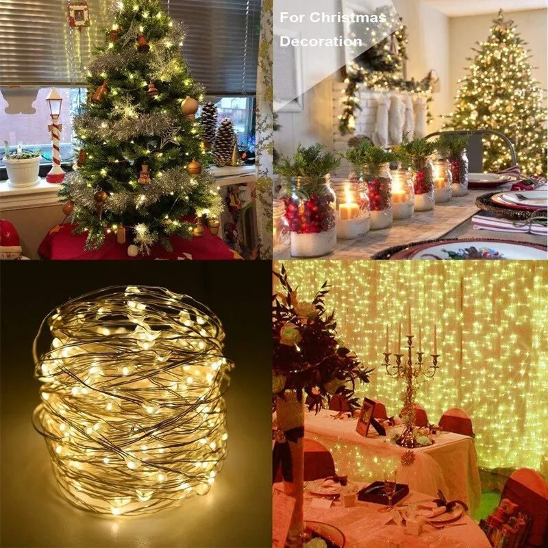 Cadena de luces LED de alambre de cobre, guirnalda de hadas, luces de Navidad, Control remoto al aire libre, decoración de boda alimentada por batería, 8 modos, 20m/10m
