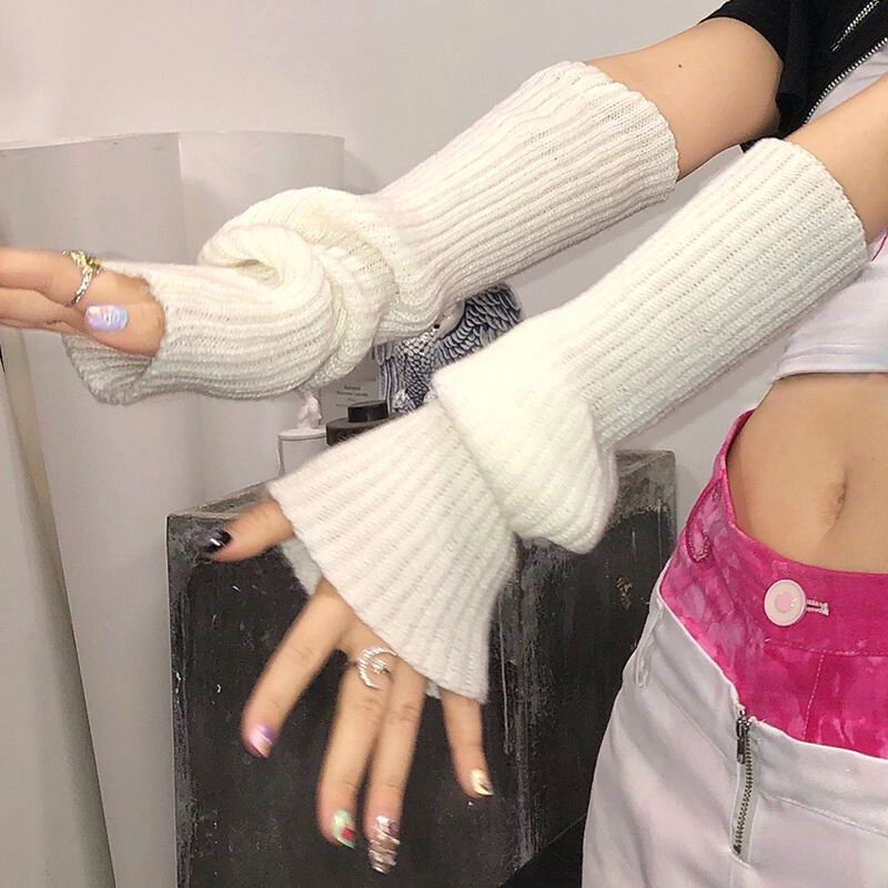2023 wanita musim dingin rajut musim dingin 40cm lengan Jepang Putih Hitam Goth Kawaii sarung tangan tanpa jari penghangat kaki stoking Harajuku