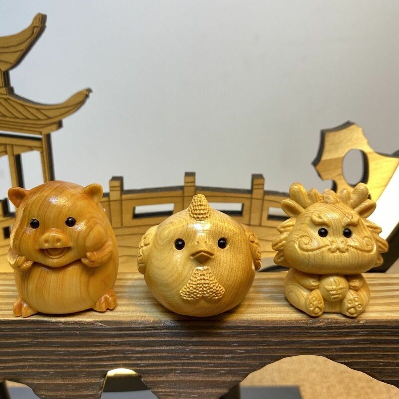 Thuja Wood Carving Twelve Zodiac Complete Set of Rat Ox Tiger Rabbit Dragon Snake Horse Sheep Dog Pig Car Ornaments Handlehold