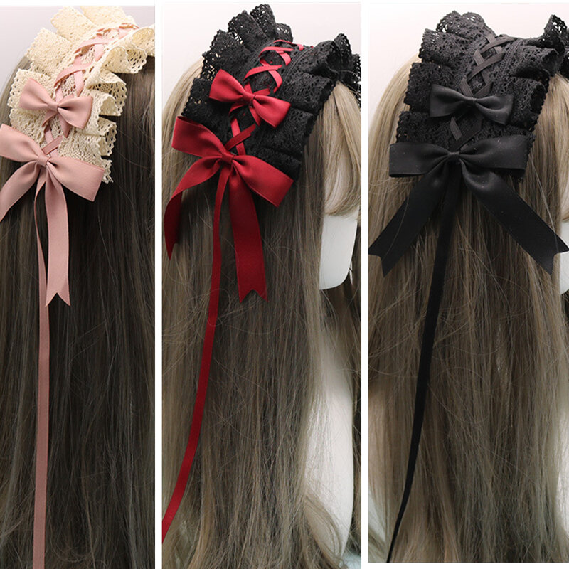 Diadema de encaje Lolita con lazo para dama, accesorio para el pelo con flores, estilo Anime, Cosplay, hecho a mano, venta al por mayor
