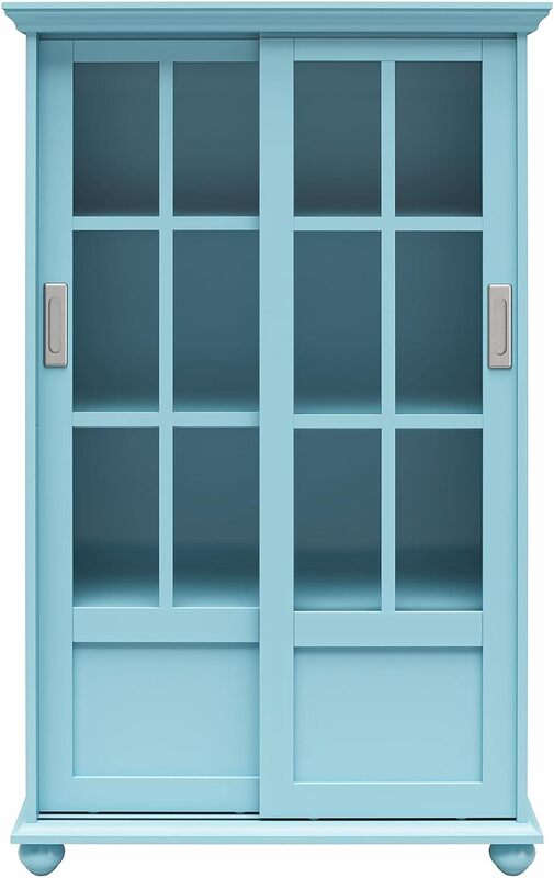 خزانة كتب مع أبواب زجاجية منزلقة ، زرقاء شاحبة
