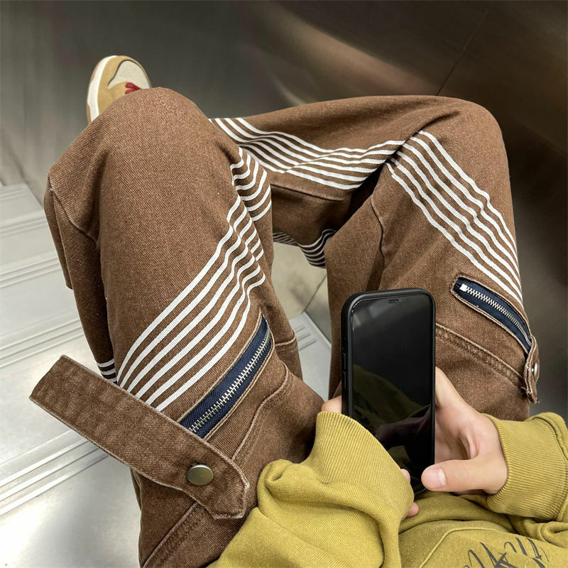 Джинсы-карго в американском винтажном стиле мужские, нишевые прямые штаны на молнии с эффектом потертости, свободные брюки с широкими штанинами, Осень-зима