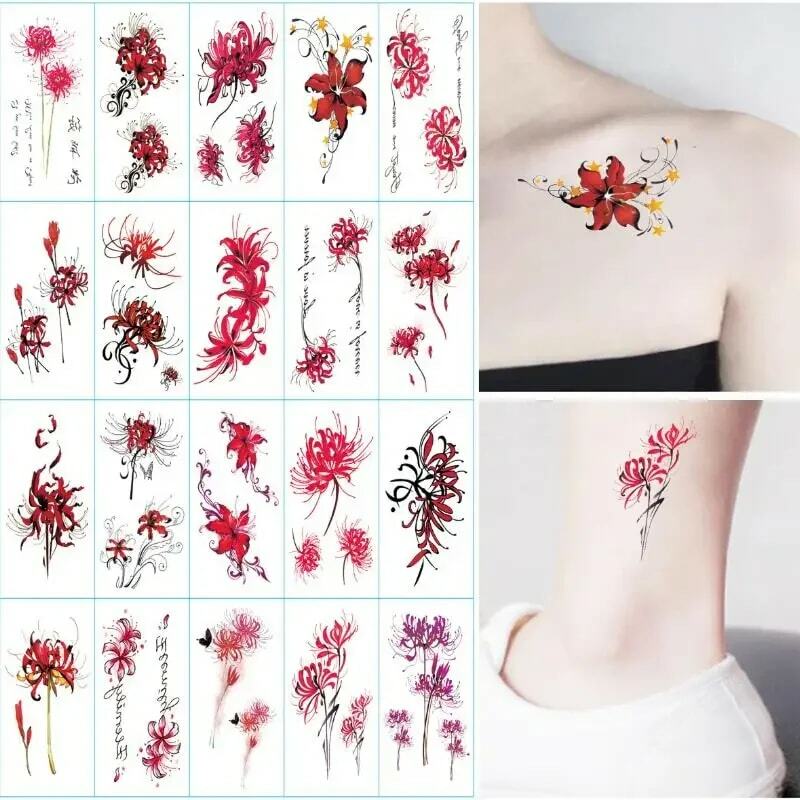 Tatuagens Temporárias com Flores Vermelhas para Mulheres, Tatuagem Falsa Impermeável, Decalques de Arte Corporal, 20 unid