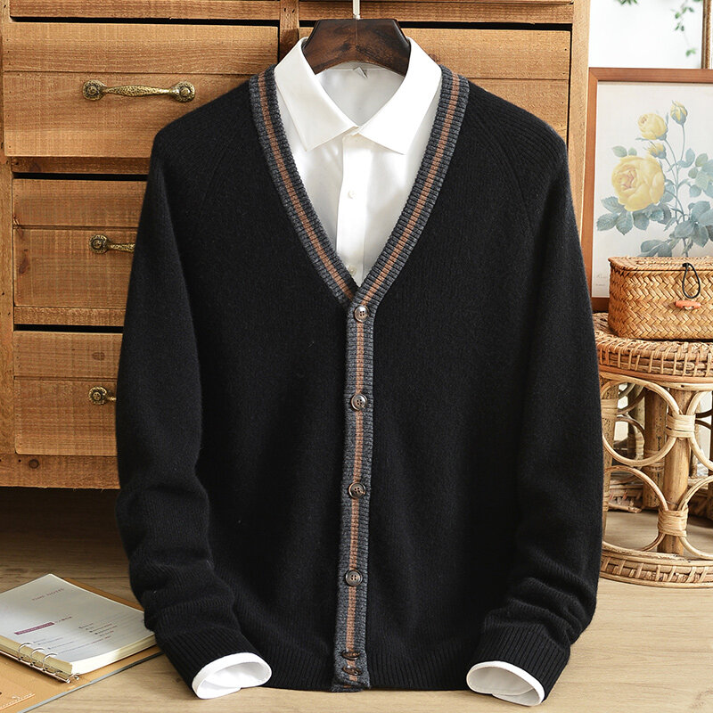 Camisola de caxemira pura cardigan masculino com decote em v de meia-idade outono e inverno botão solto camisola de malha jaqueta masculina espessamento