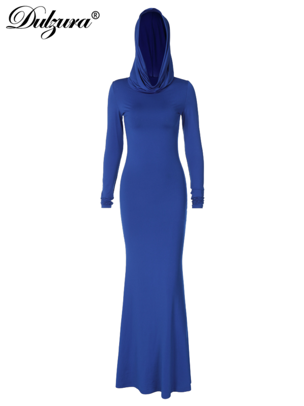 Gaun Maxi bertudung lengan panjang warna murni, gaun pesta ulang tahun grosir, pakaian klub musim panas musim gugur 2023 untuk wanita Bodycon